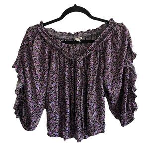 AEO Boho Floral Print Blouse Ruffle Black Purple S